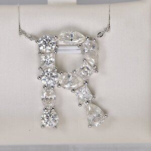 Real Moissanite "R" Diamond all Moissanite Initial Pendant 925 Sterling Silver